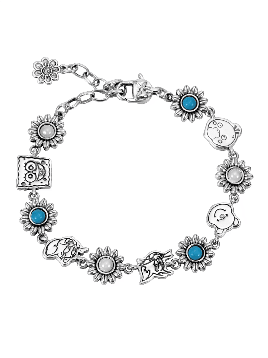 S925 sterling silver sunflower bracelet for men and women retro trend personality all-match cartoon character silver jewelry - MOWTE