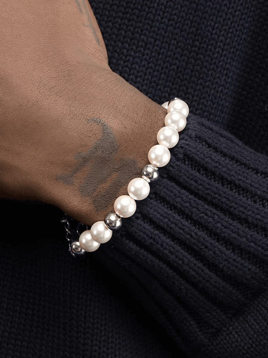 Steel beads stitching black agate pearl bracelet men's trendy handmade beaded jewelry women - MOWTE