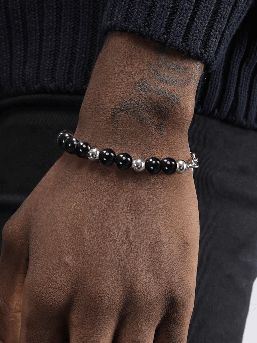 Steel beads stitching black agate pearl bracelet men's trendy handmade beaded jewelry women - MOWTE