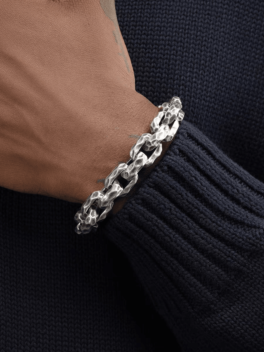 Silver titanium steel bracelet men's hip-hop personality domineering thick style meteorite crater high-end bracelet - MOWTE