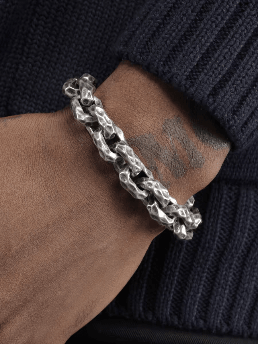 Silver titanium steel bracelet men's hip-hop personality domineering thick style meteorite crater high-end bracelet - MOWTE