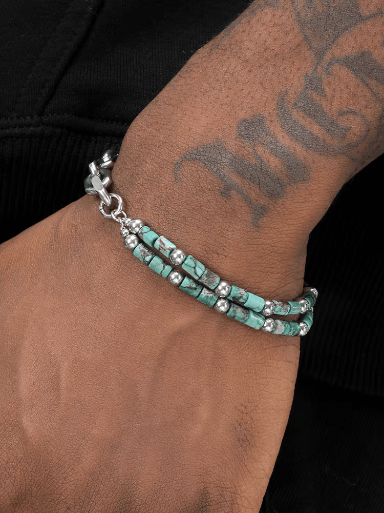 Natural turquoise bracelet for men hip-hop trend personality all-match splicing O-ring titanium steel bracelet for women - MOWTE