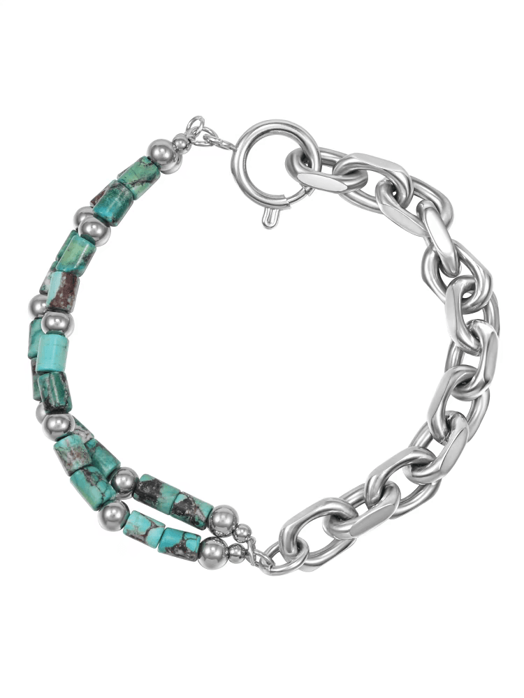 Natural turquoise bracelet for men hip-hop trend personality all-match splicing O-ring titanium steel bracelet for women - MOWTE
