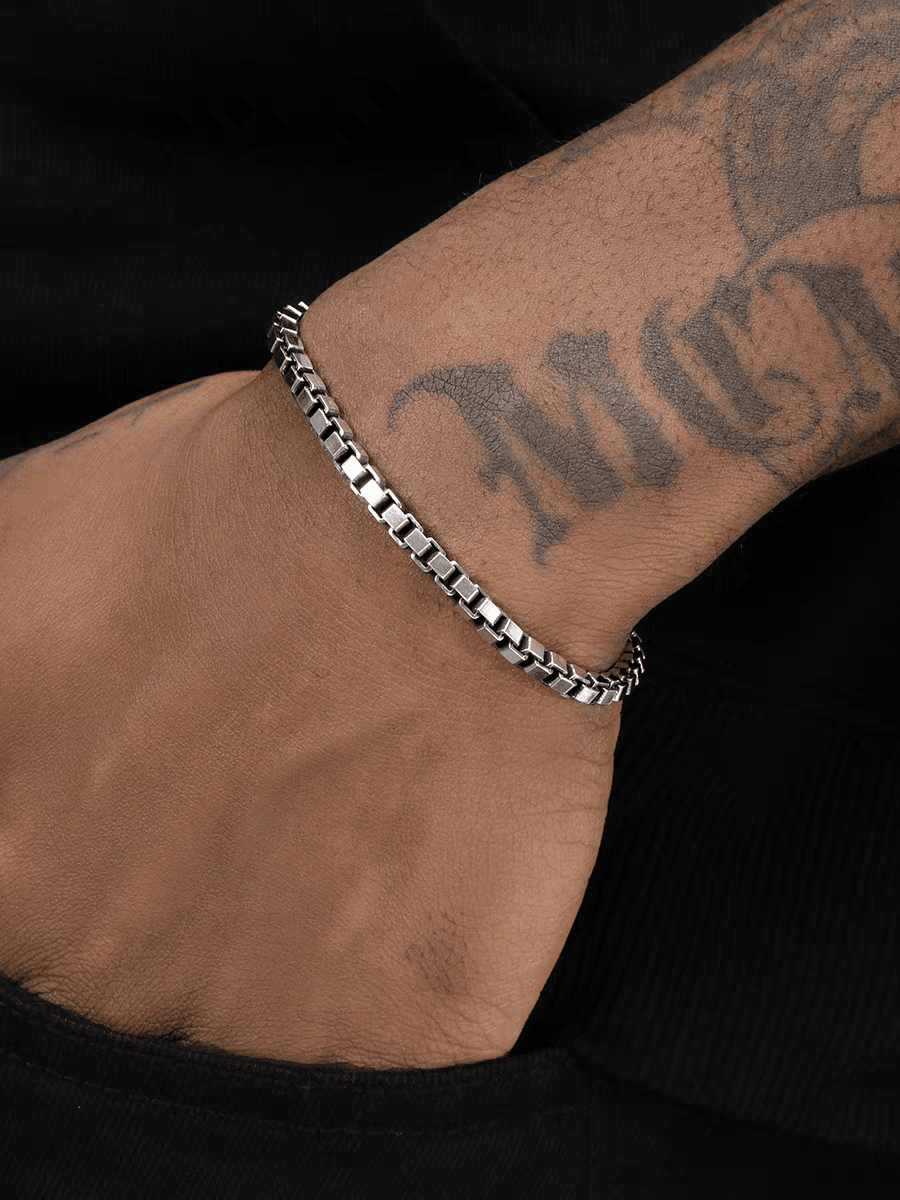 Sterling silver BOX bracelet men and women hip-hop popular all-match plain bracelet - MOWTE