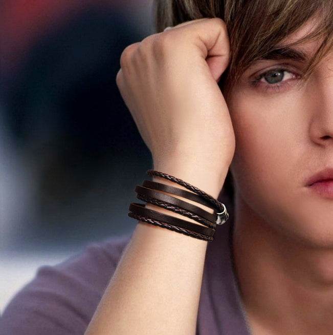 Men's fashion titanium steel cowhide and PU leather bracelet - MOWTE