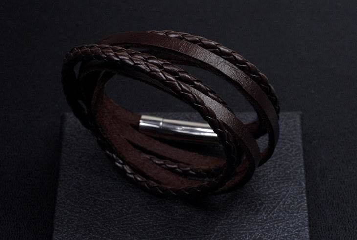 Men's fashion titanium steel cowhide and PU leather bracelet - MOWTE