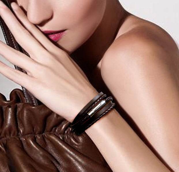 Men's fashion titanium steel cowhide and PU leather bracelet - MOWTE