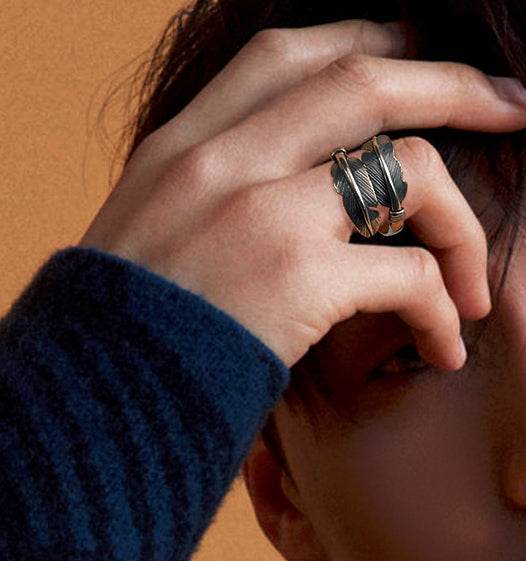 Men's fashion feather sterling silver ring - MOWTE