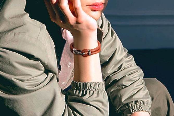 Men's fashion titanium steel leather bracelet - MOWTE