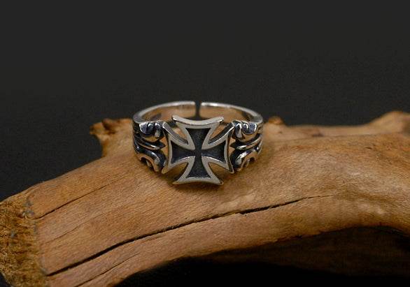 Men's vintage flower cross sterling silver ring - MOWTE