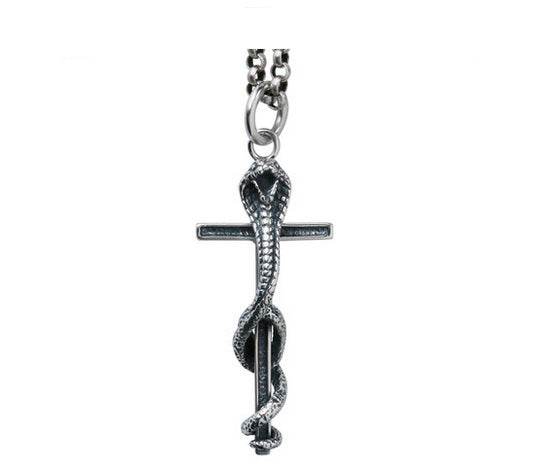 Men's vintage sterling silver cobra cross pendant & necklace - MOWTE