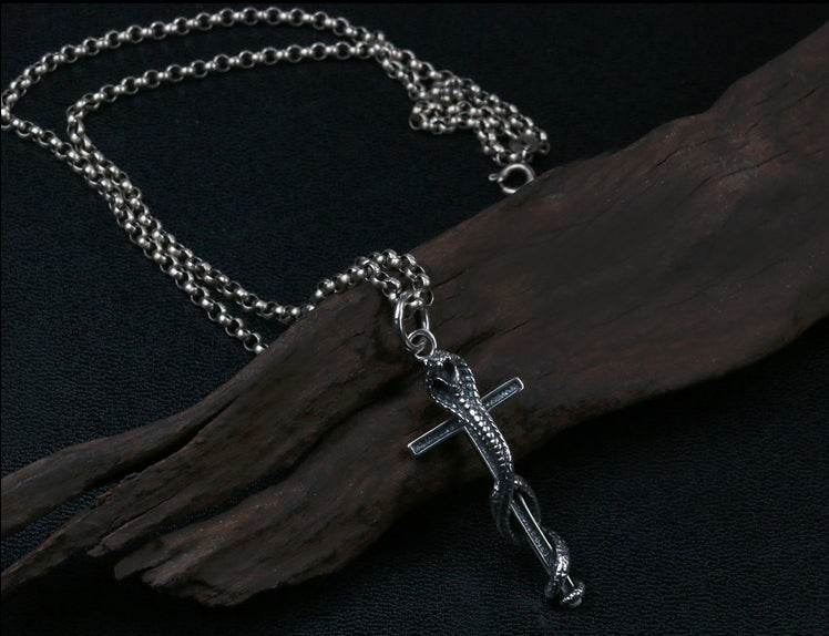 Men's vintage sterling silver cobra cross pendant & necklace - MOWTE