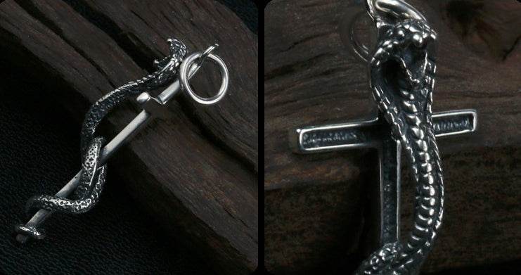 Men's vintage sterling silver cobra cross pendant & necklace - MOWTE