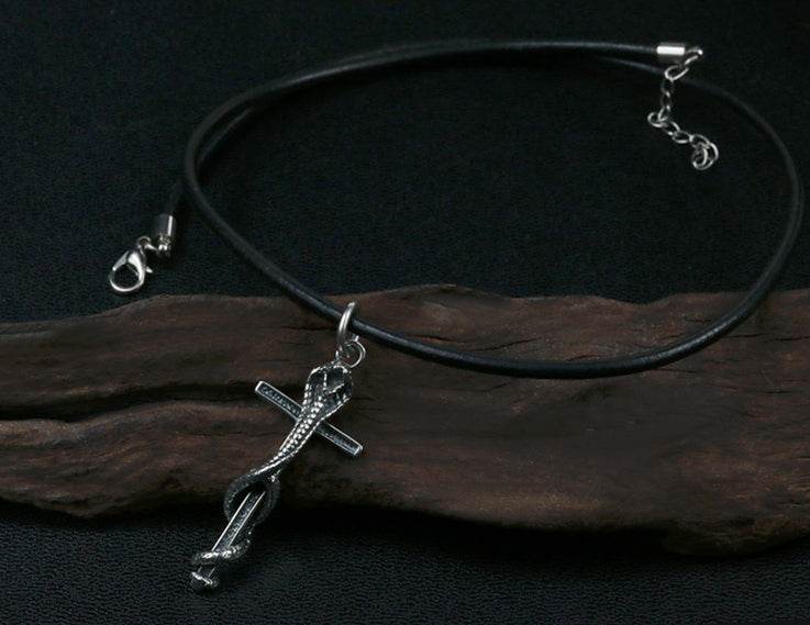 Men's vintage sterling silver cobra cross pendant & necklace - MOWTE