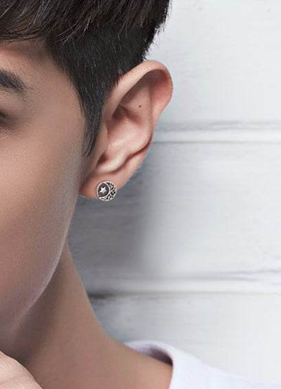 Men's vintage sun moon silver ear stud - MOWTE
