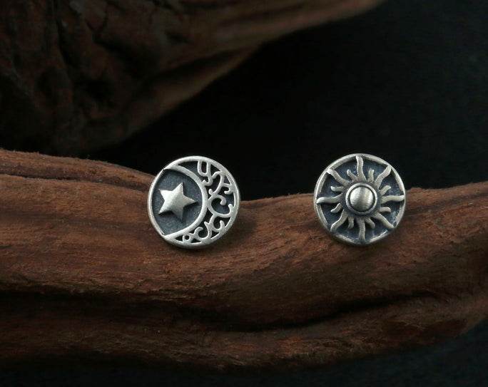 Men's vintage sun moon silver ear stud - MOWTE