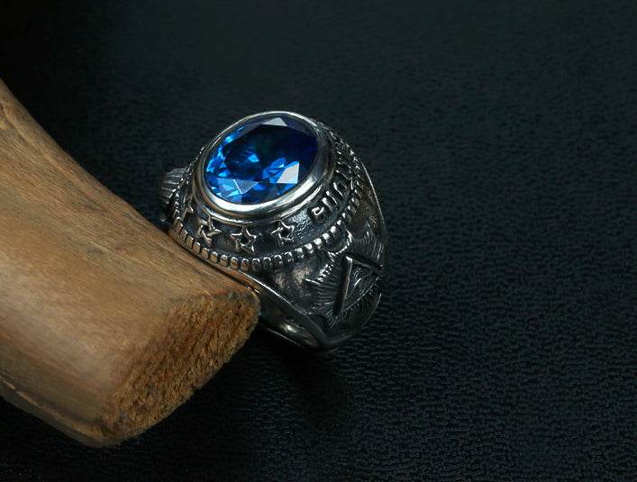 Men's fashion blue crystal silver ring - MOWTE
