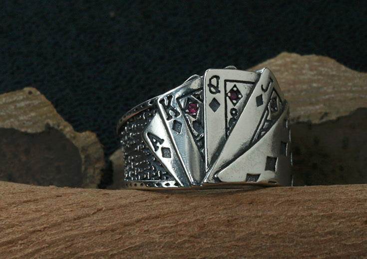 Men's fashion playing cards sterling silver ring - MOWTE