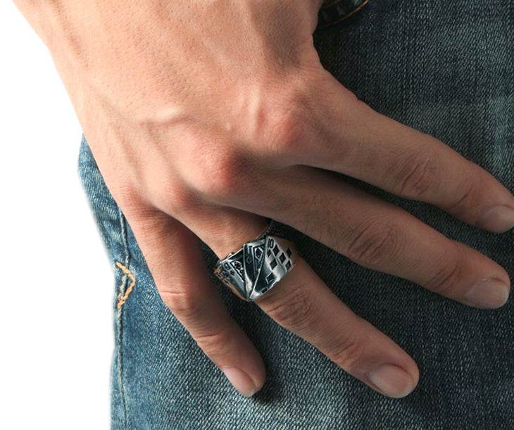 Men's fashion playing cards sterling silver ring - MOWTE