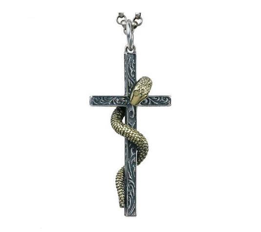 Men's vintage sterling silver snake cross pendant & necklace - MOWTE