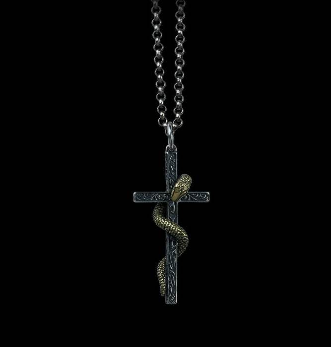 Men's vintage sterling silver snake cross pendant & necklace - MOWTE