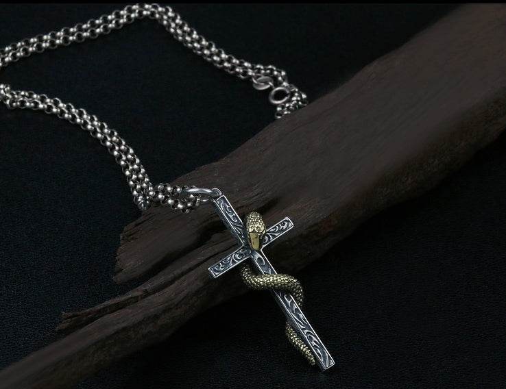 Men's vintage sterling silver snake cross pendant & necklace - MOWTE