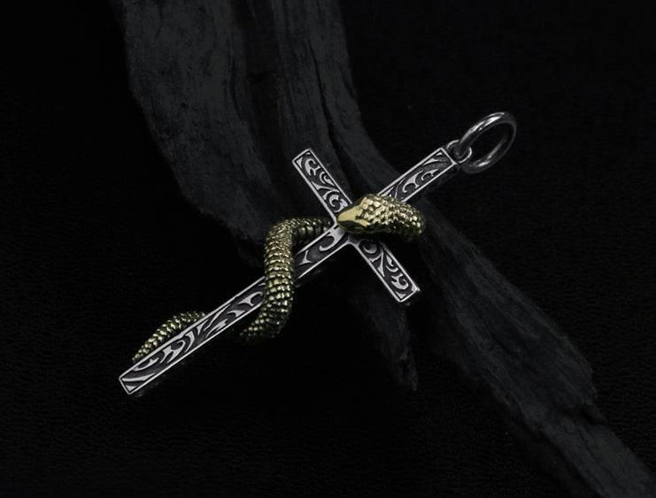 Men's vintage sterling silver snake cross pendant & necklace - MOWTE