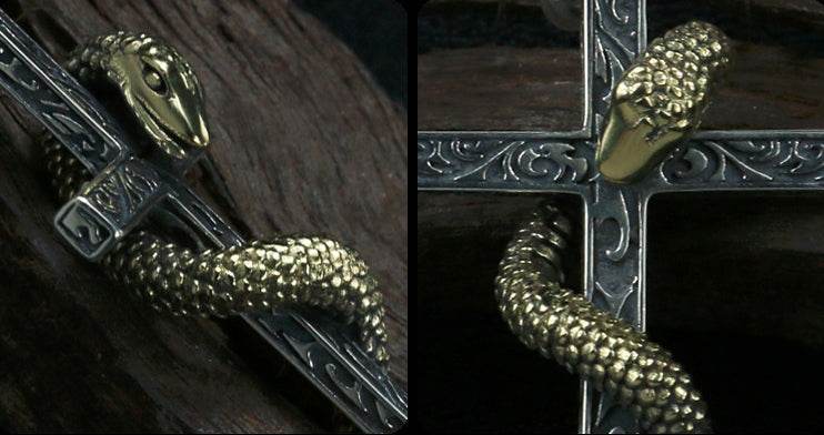 Men's vintage sterling silver snake cross pendant & necklace - MOWTE