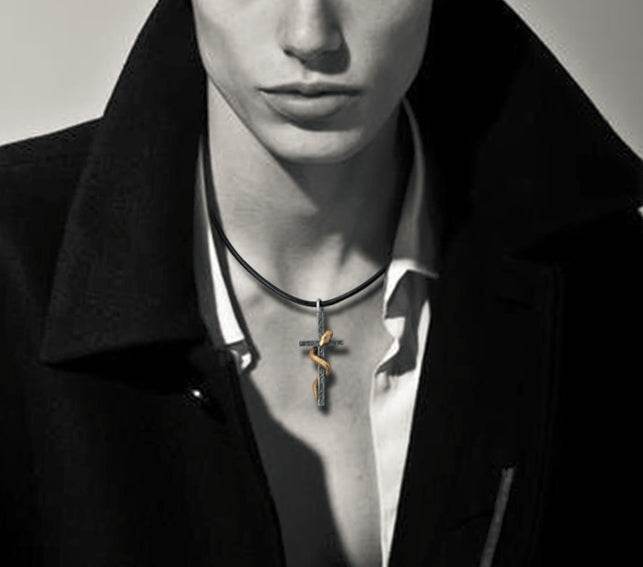 Men's vintage sterling silver snake cross pendant & necklace - MOWTE