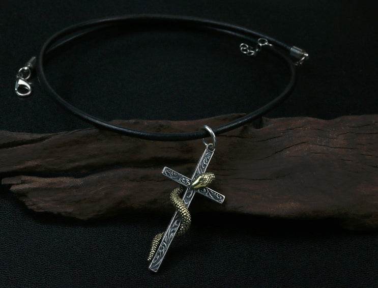 Men's vintage sterling silver snake cross pendant & necklace - MOWTE