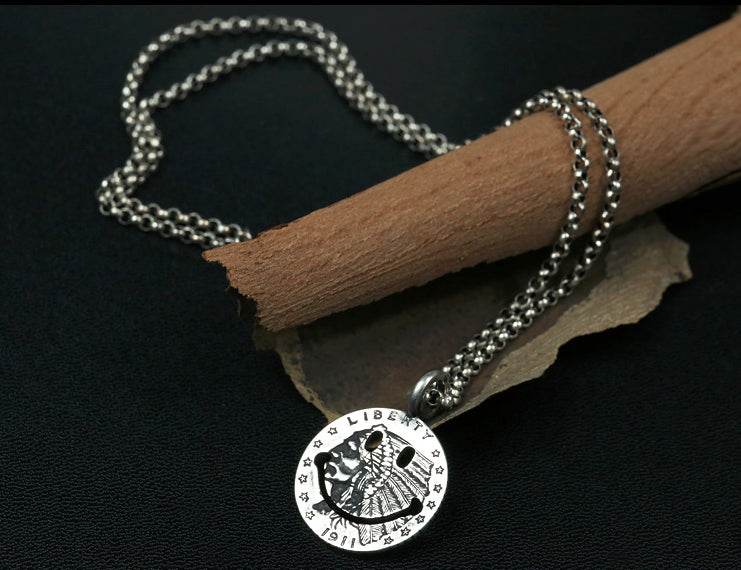 Men's fashion sterling silver smile face pendant & necklace - MOWTE