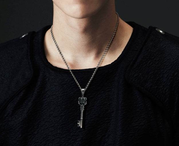 Men's fashion sterling silver crown key pendant & necklace - MOWTE