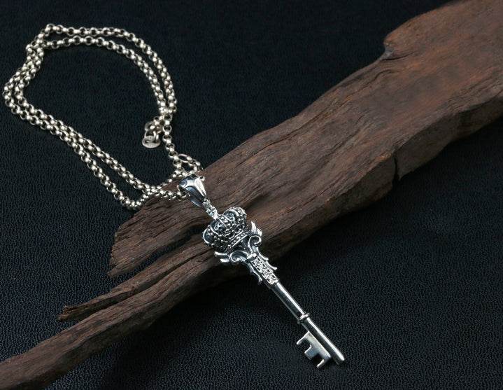 Men's fashion sterling silver crown key pendant & necklace - MOWTE