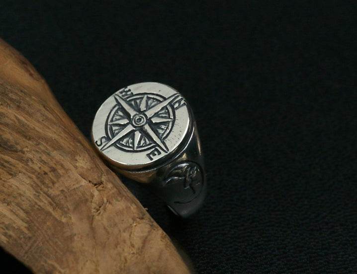 Men's vintage compass sterling silver ring - MOWTE