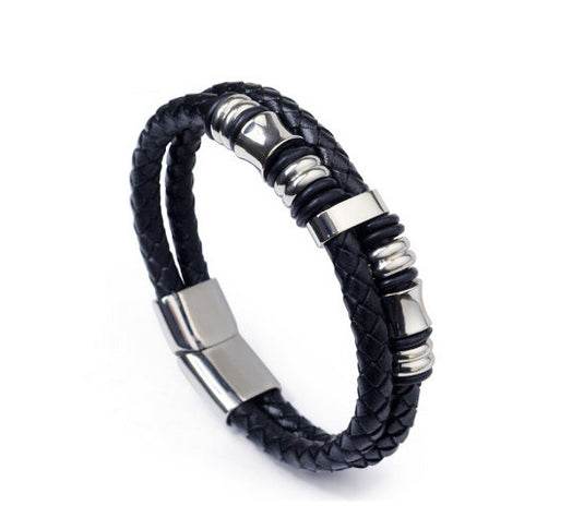 Men's fashion leather titanium steel bracelet - MOWTE
