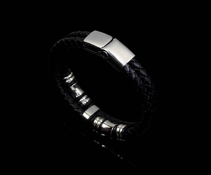 Men's fashion leather titanium steel bracelet - MOWTE