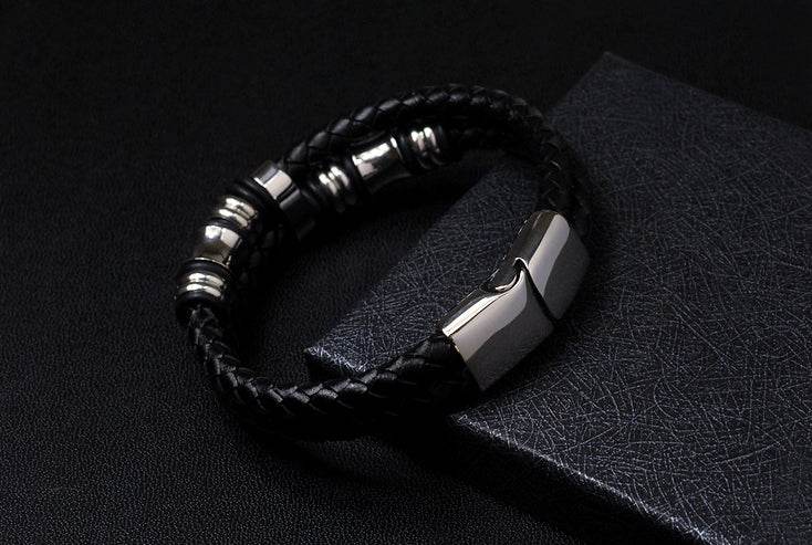 Men's fashion leather titanium steel bracelet - MOWTE