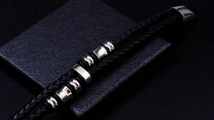 Men's fashion leather titanium steel bracelet - MOWTE