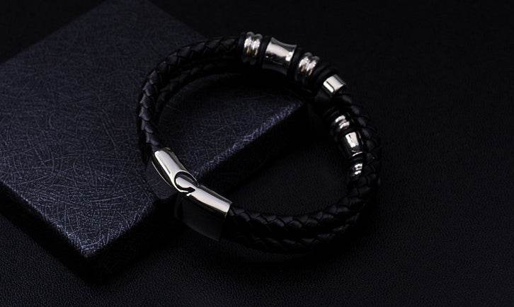 Men's fashion leather titanium steel bracelet - MOWTE