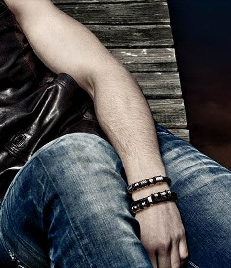 Men's fashion leather titanium steel bracelet - MOWTE