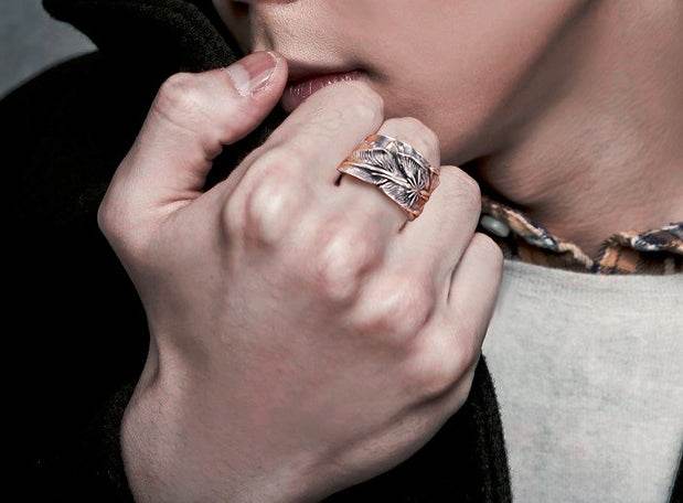 Men's vintage indian star feather sterling silver ring - MOWTE