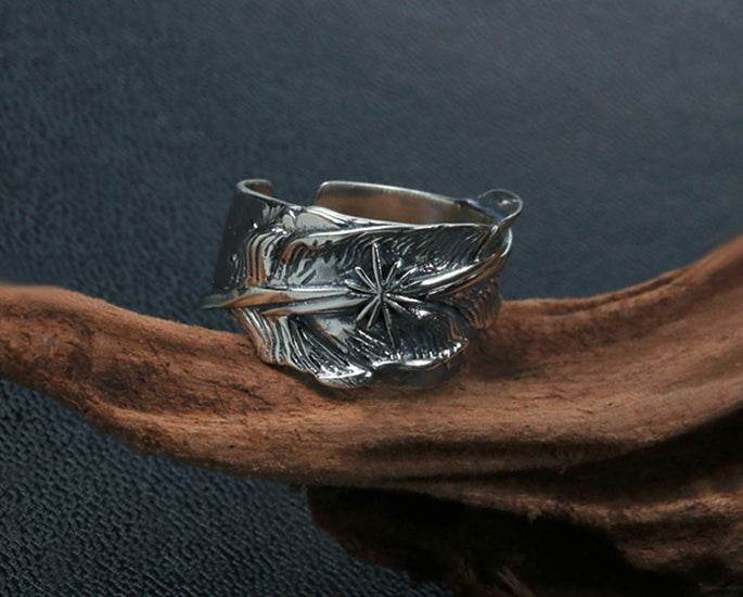 Men's vintage indian star feather sterling silver ring - MOWTE