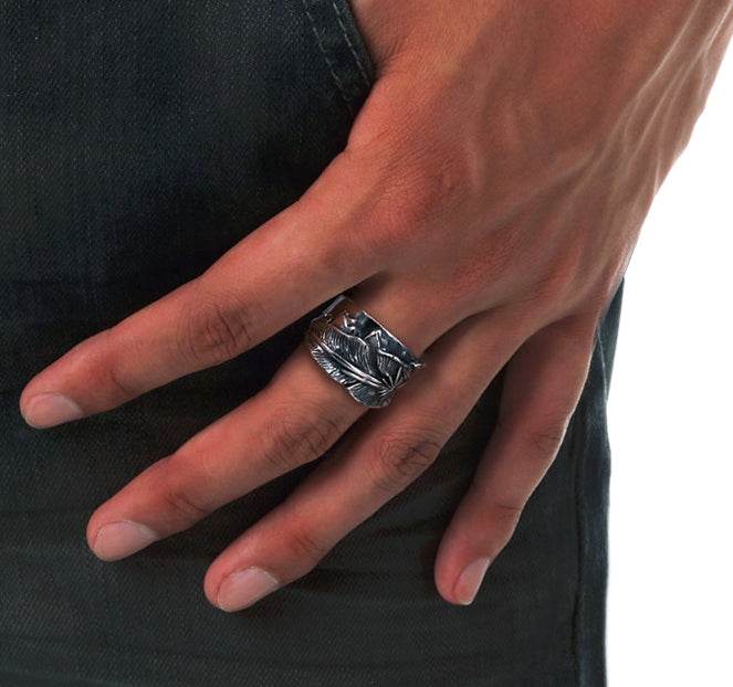 Men's vintage indian star feather sterling silver ring - MOWTE