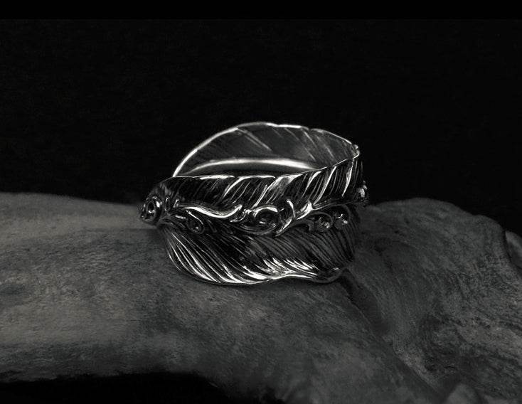 Men's vintage feather sterling silver ring - MOWTE