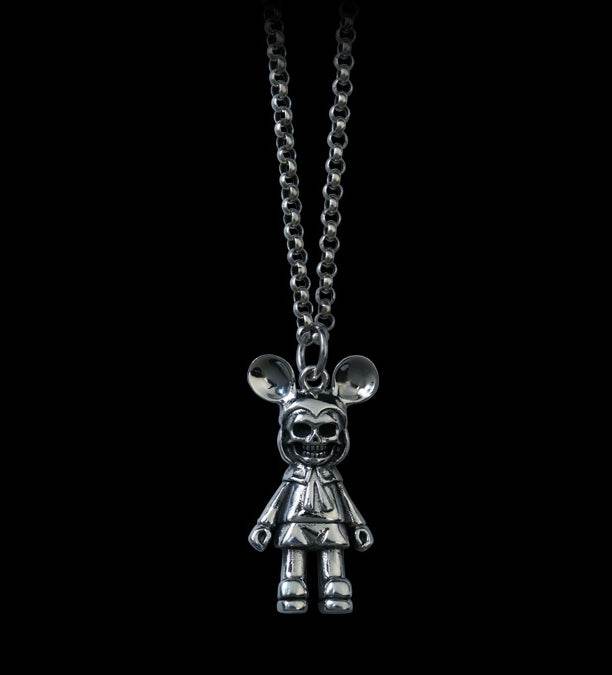 Men's hip hop sterling silver mickey skull pendant & necklace - MOWTE