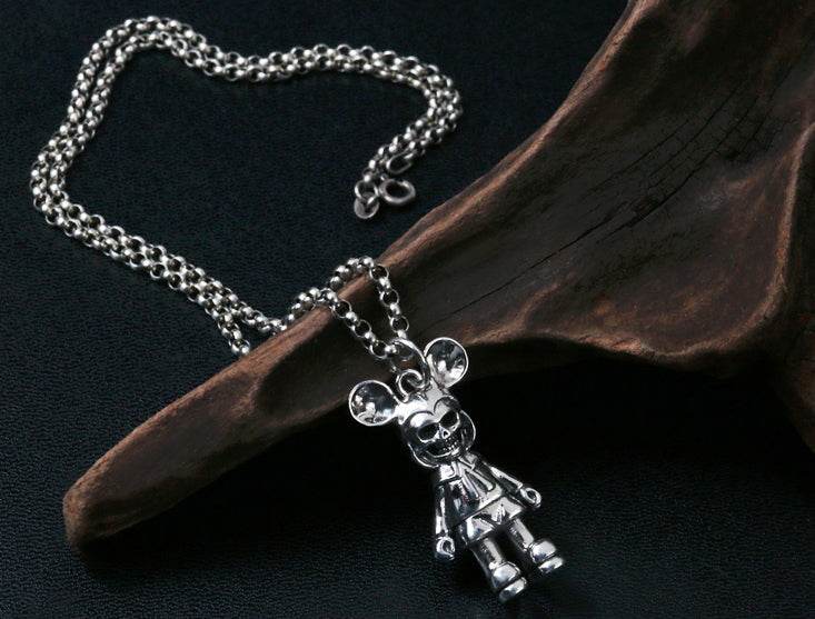Men's hip hop sterling silver mickey skull pendant & necklace - MOWTE