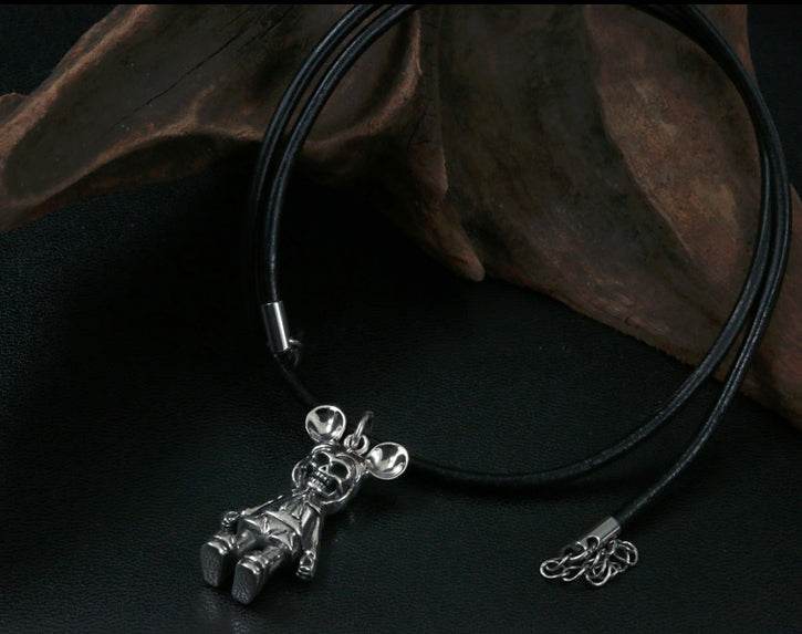 Men's hip hop sterling silver mickey skull pendant & necklace - MOWTE